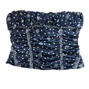 Free People Wait for Me Navy Polka Dot‎ Floral Ruched Smocked Tube Top NWT Med